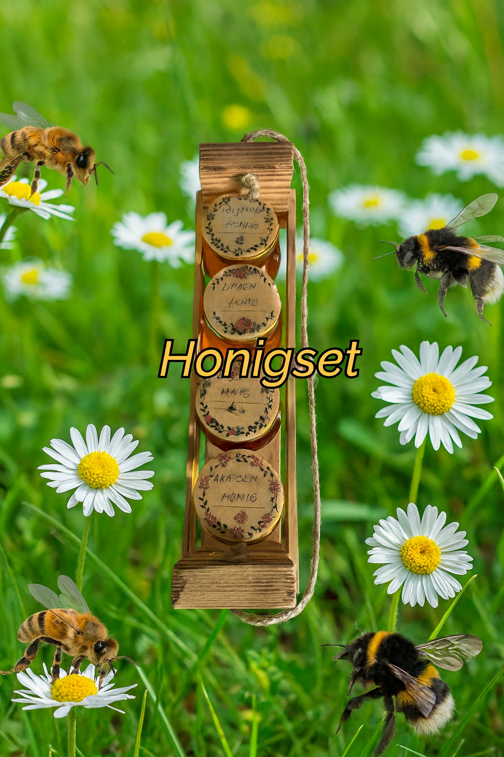 Honigsortiment im Holzgestell